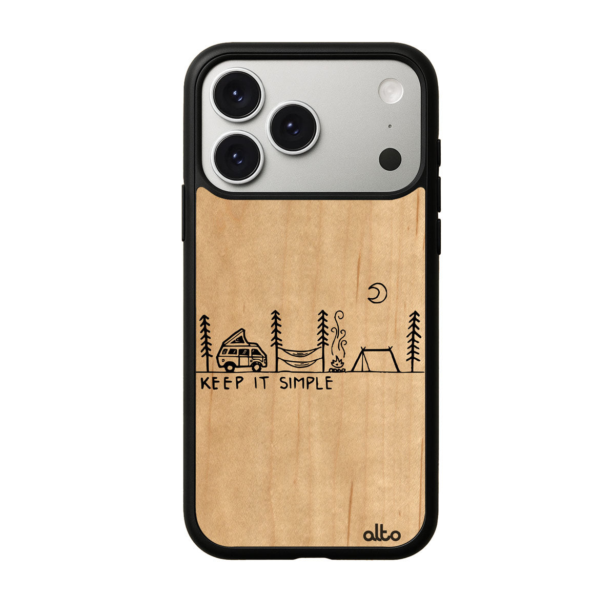 Maple wood with a Van Life Retro design engraved wood phone case for iPhone 17 pro by Alto Collective