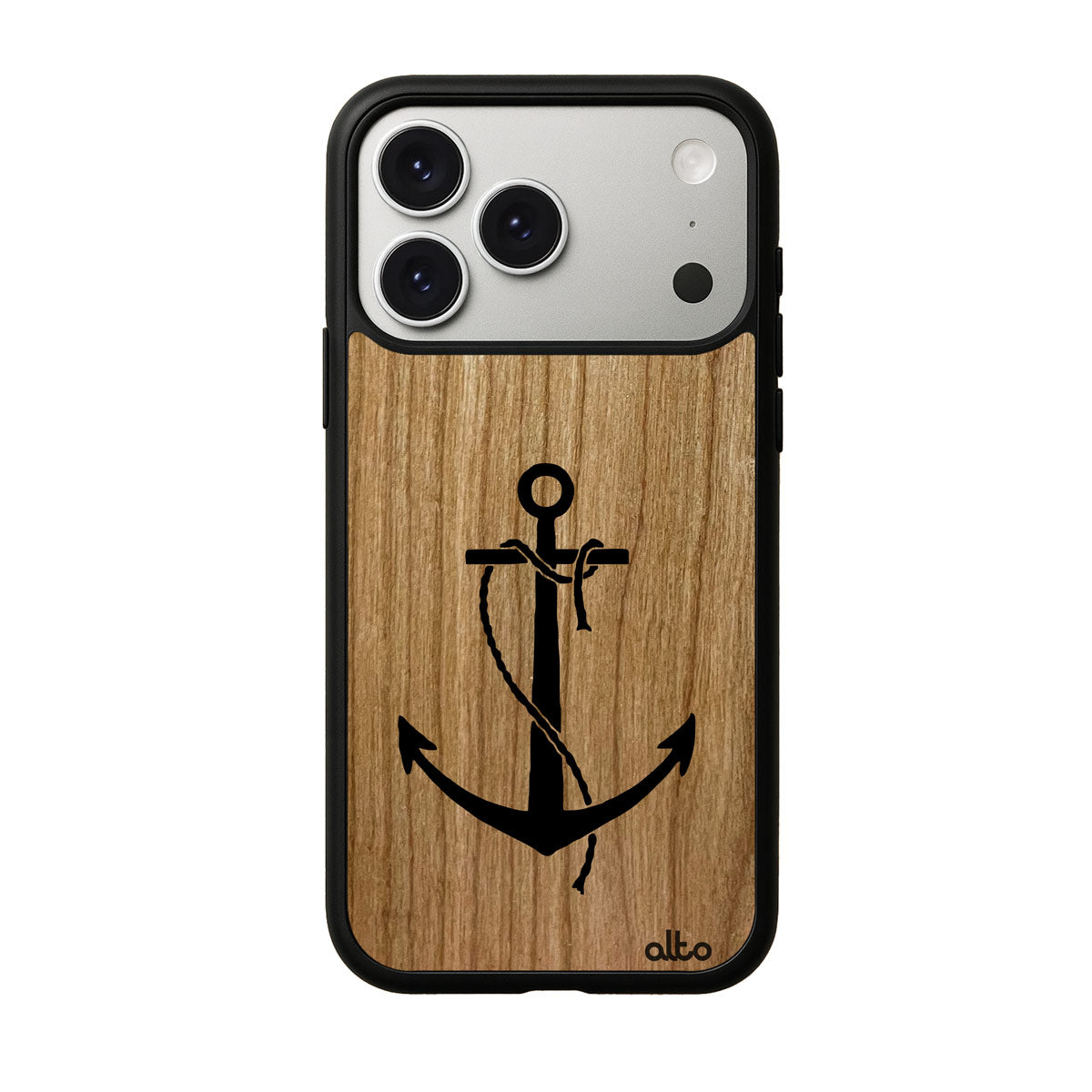 Cherry wood with an Anchor design engraved wood phone case for iPhone 17 pro by Alto Collective