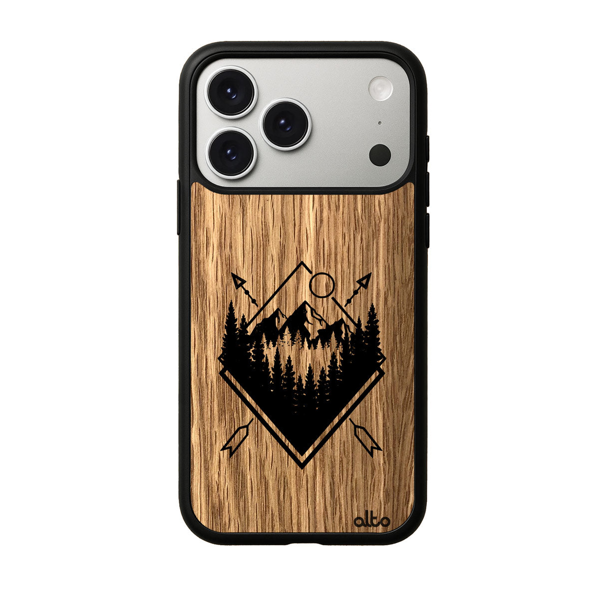 Oak wood with Explore design engraved wood phone case for iPhone 17 pro by Alto Collective