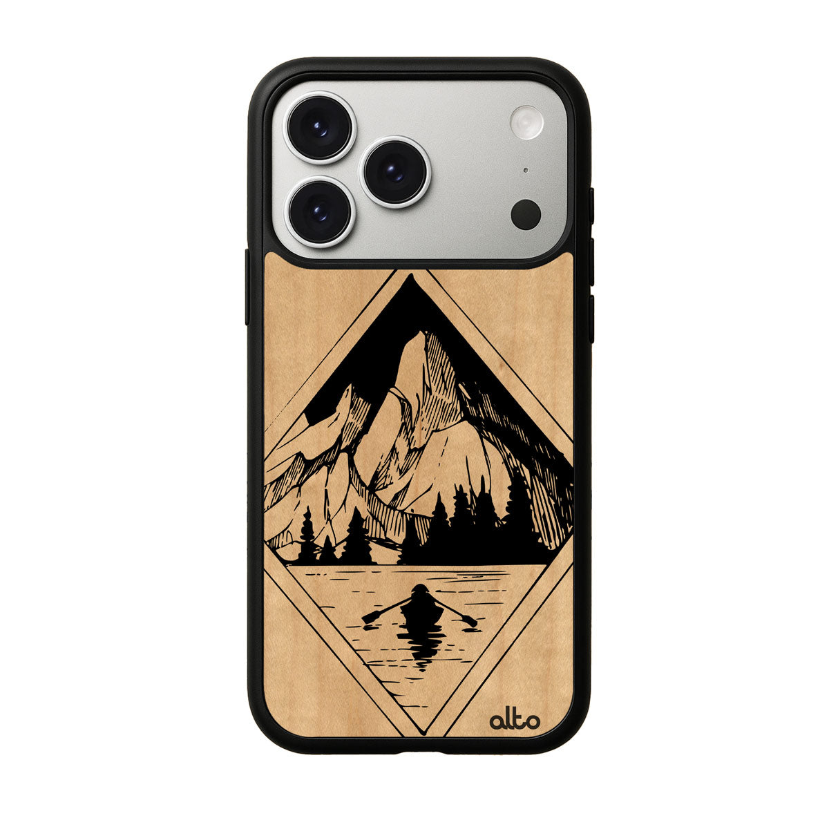 Maple wood with a Retreat kayak mountains design engraved wood phone case for iPhone 17 pro by Alto Collective