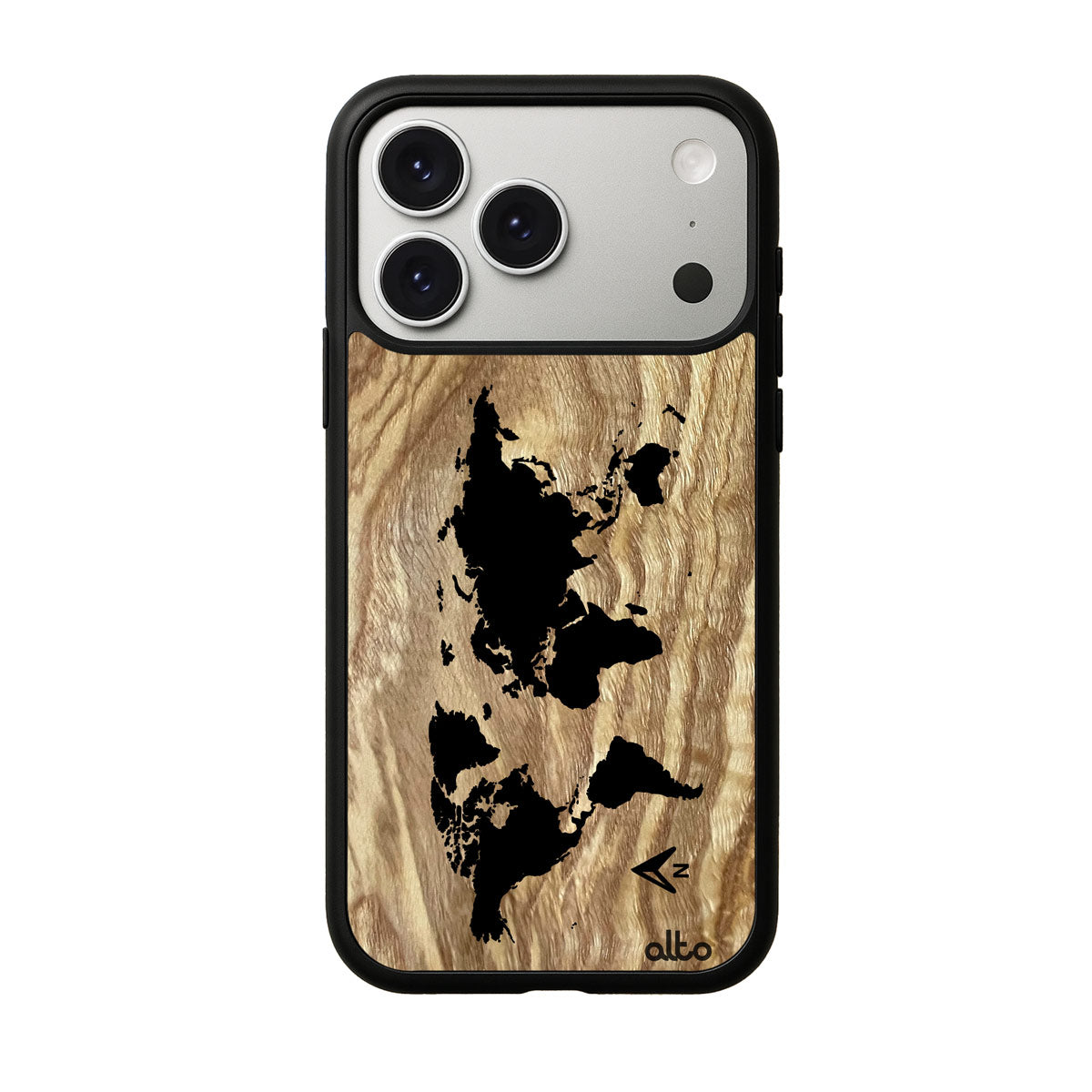 Olive wood with a World Map design engraved wood phone case for iPhone 17 pro by Alto Collective