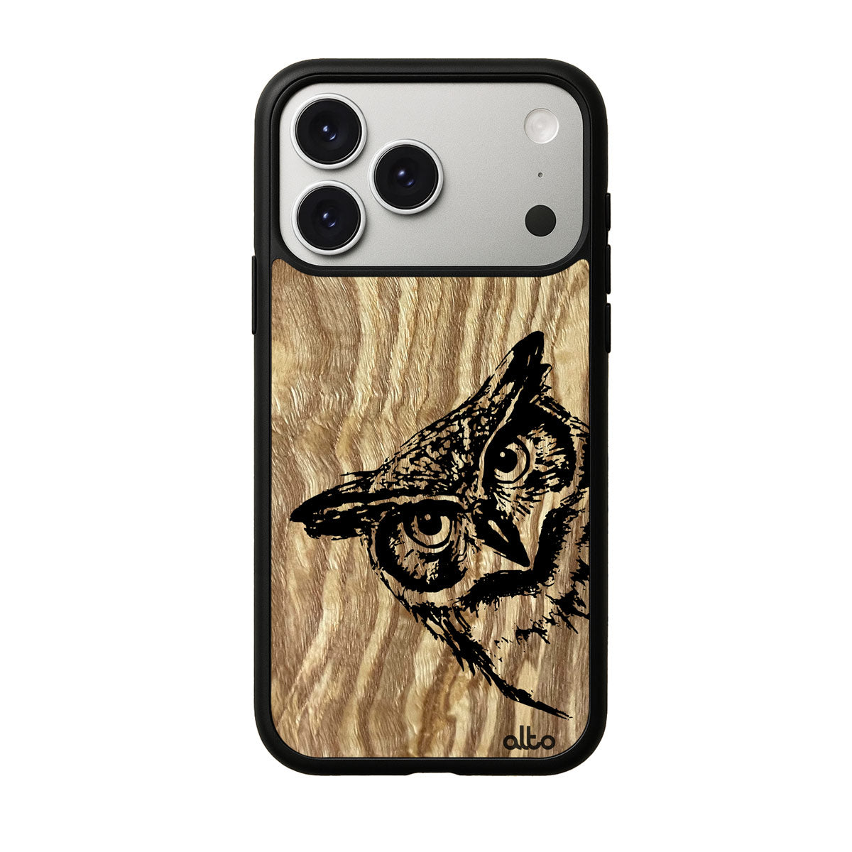 Olive wood with Owl design engraved wood phone case for iPhone 17 pro by Alto Collective