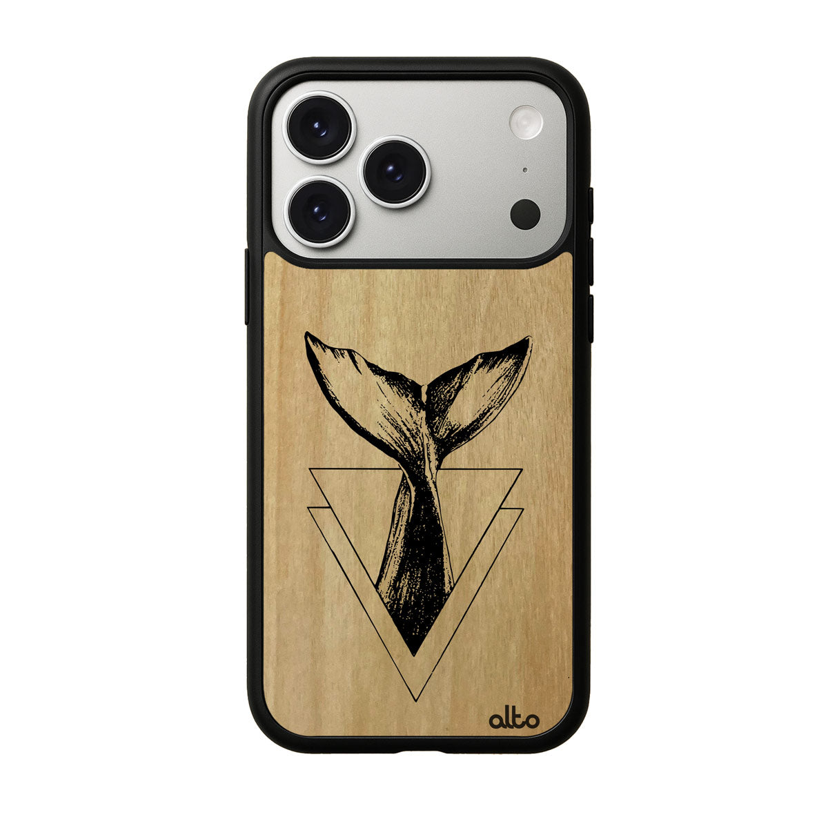 Anigre wood with a Whale Tail design engraved wood phone case for iPhone 17 pro by Alto Collective