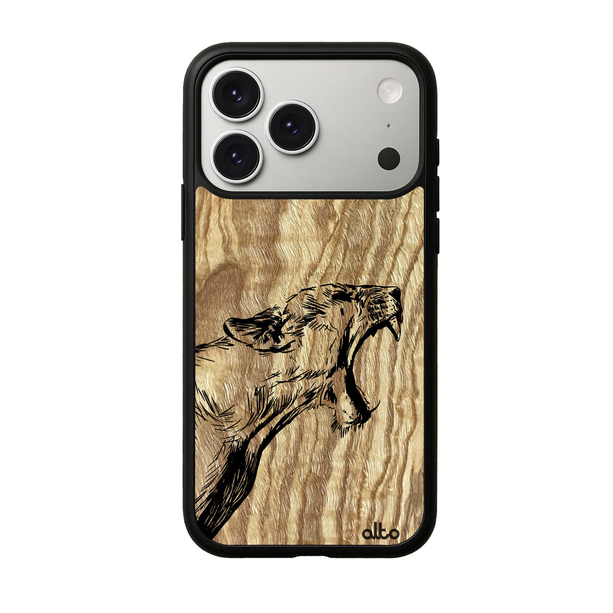 Olive wood with a Wildcat design engraved wood phone case for iPhone 17 pro by Alto Collective