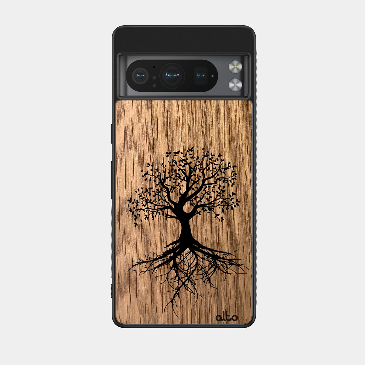 Oak wood with Tree of life with reaching roots engraved wood phone case for Google Pixel Smartphones by Alto Collective 