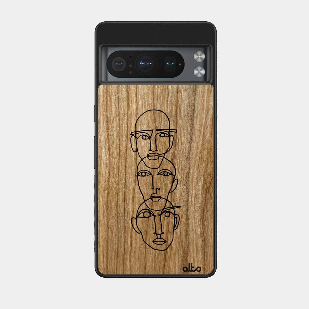 Cherry wood with a gallery line drawing three heads design engraved wood phone case for Google Pixel Smartphones by Alto Collective