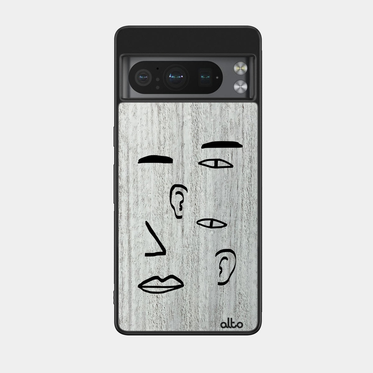 Whitewash Mahogany wood with a gallery minimalist face features design engraved wood phone case for Google Pixel Smartphones by Alto Collective