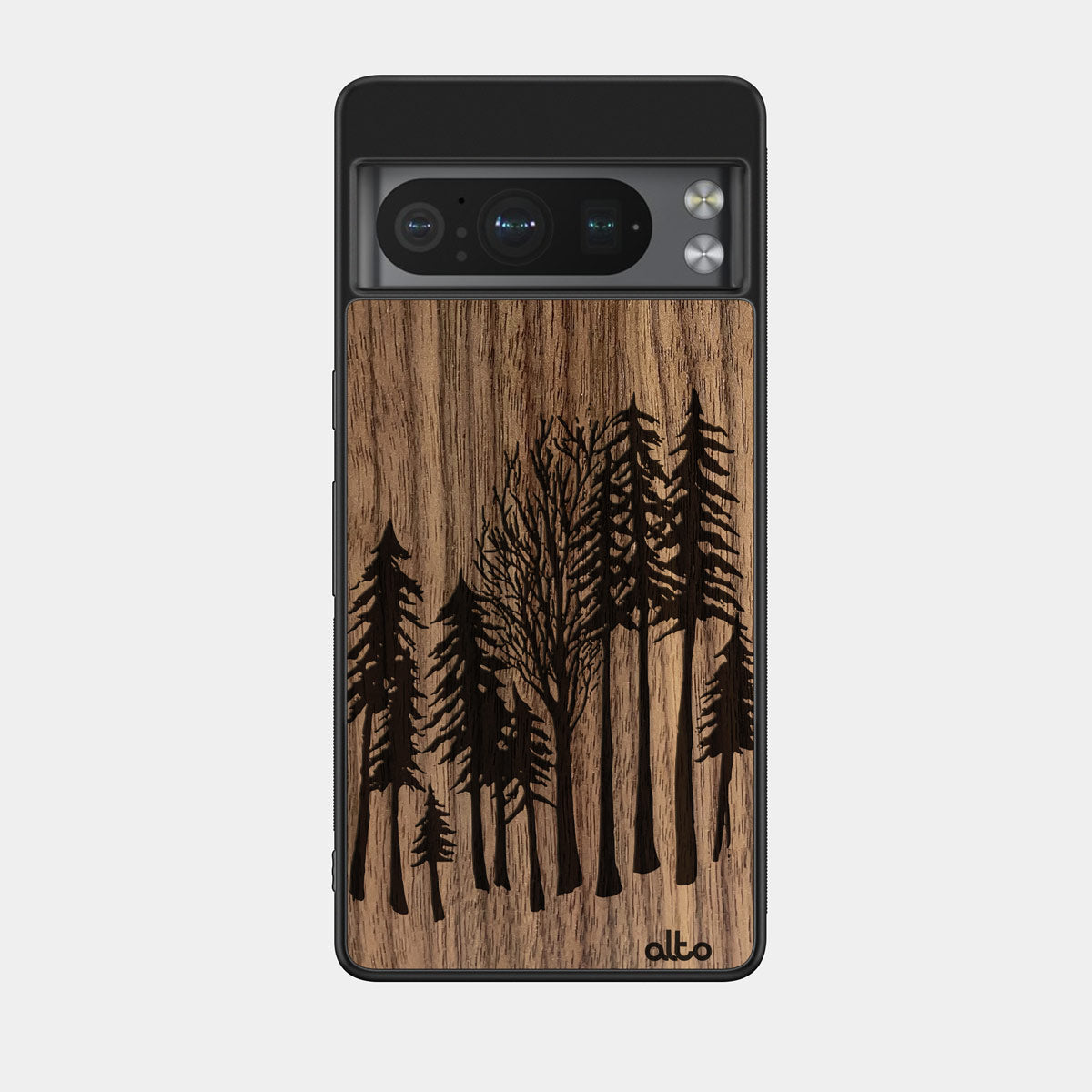 Walnut wood with forest design engraved wood phone case for Google Pixel Smartphones by Alto Collective 
