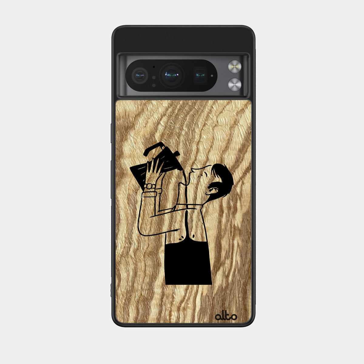 Olive wood with a man drinking coffee from the pot design engraved wood phone case for Google Pixel Smartphones by Alto Collective