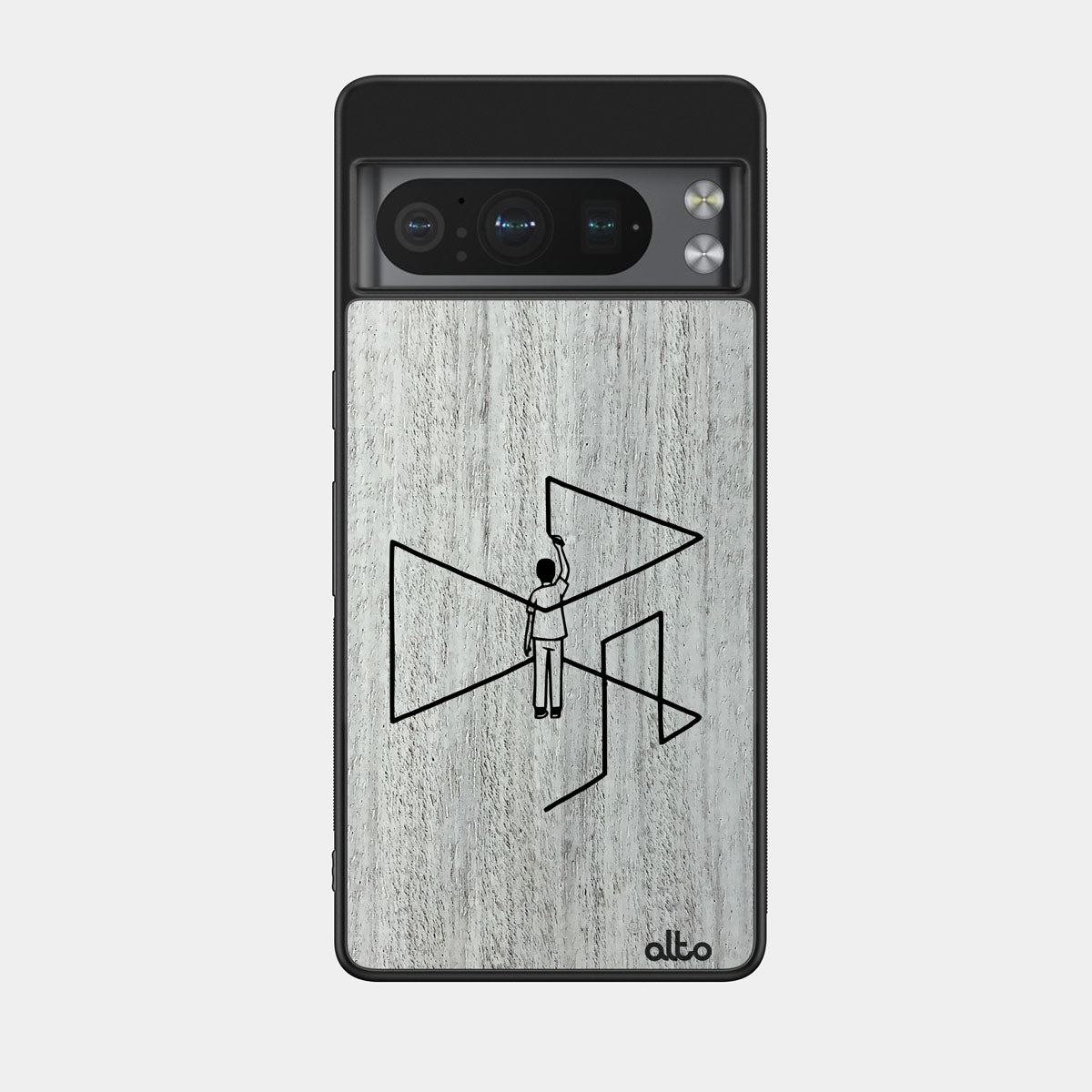Whitewash Mahogany wood with a gallery line drawing outside the box design engraved wood phone case for Google Pixel Smartphones by Alto Collective