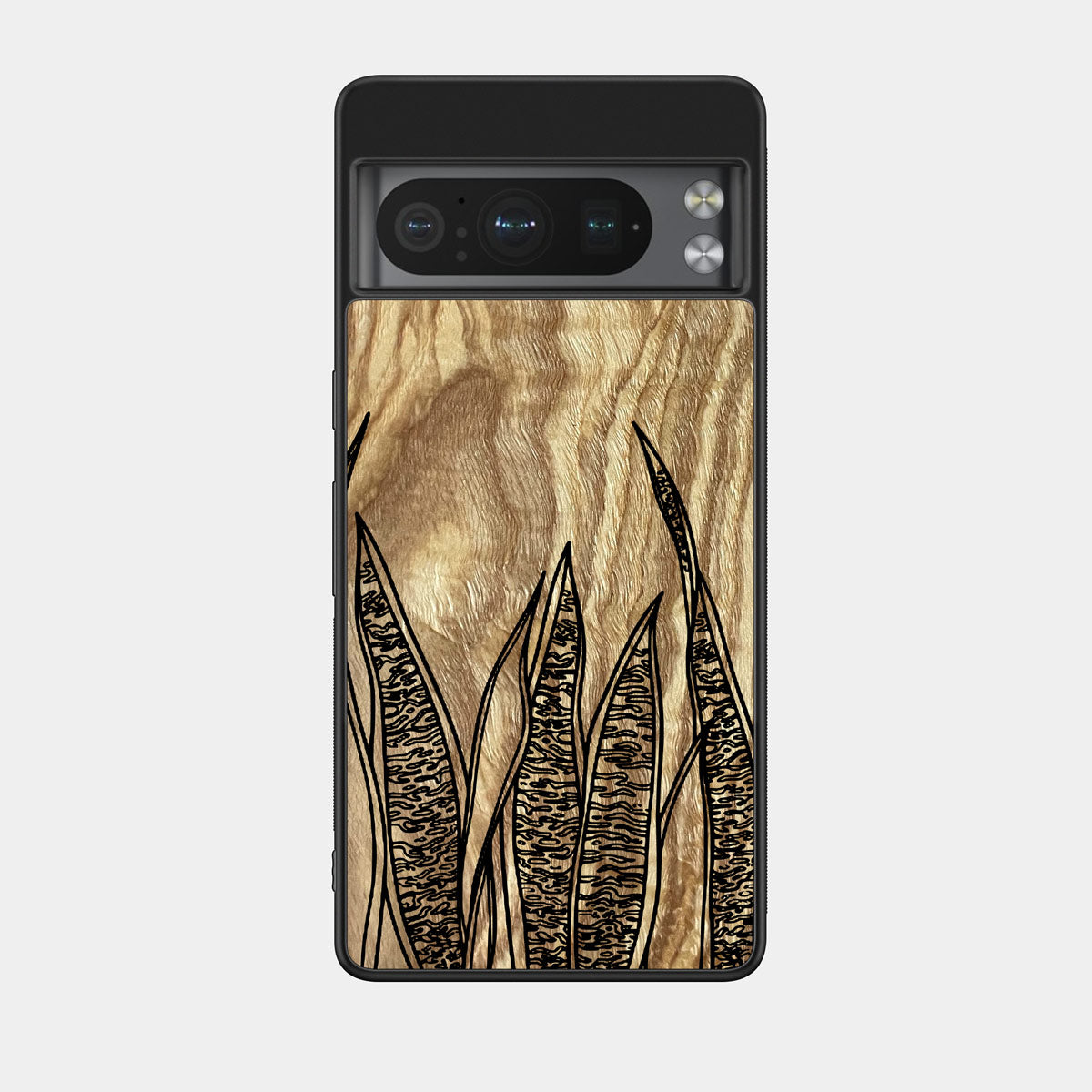 Olive wood with a Snake plant design engraved wood phone case for iGoogle Pixel Smartphones by Alto Collective