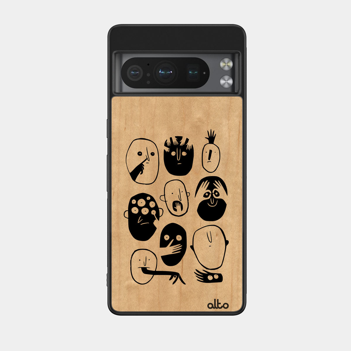 Maple wood with many goofy faces design engraved wood phone case for Google Pixel Smartphones by Alto Collective