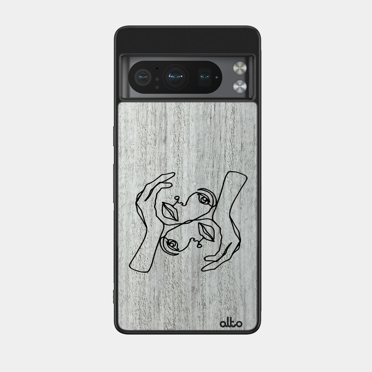 Cherry wood with a gallery line drawing three heads design engraved wood phone case for Google Pixel Smartphones by Alto Collective
