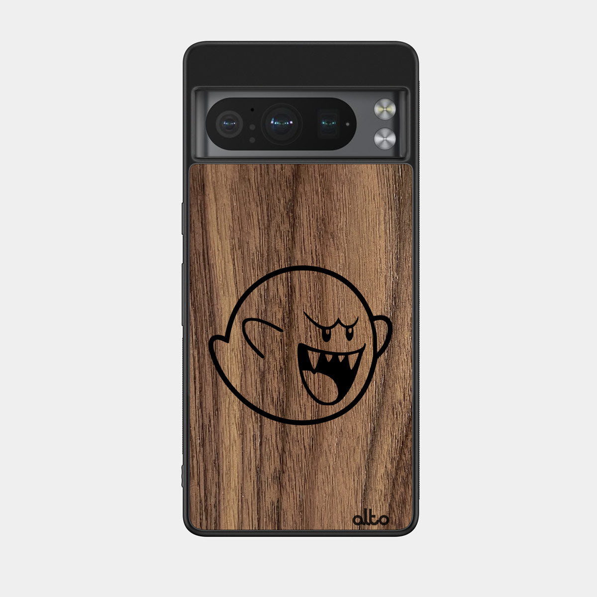 Walnut wood with BOO design engraved wood phone case for Google Pixel Smartphones by Alto Collective
