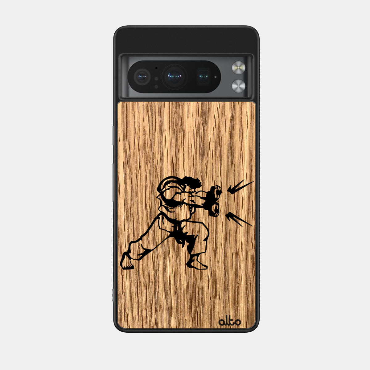Oak wood with a Hadauken Street fighter design engraved wood phone case for Google Pixel Smartphones by Alto Collective