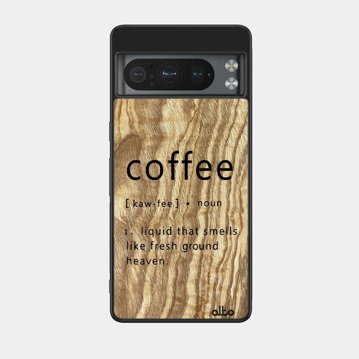 Olive wood with a Coffee Definition design engraved wood phone case for Google Pixel Smartphones by Alto Collective