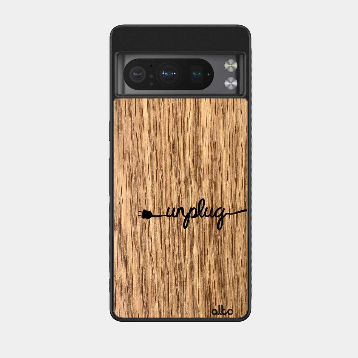 Oak wood with an "unplug" styled design engraved wood phone case for Google Pixel Smartphones by Alto Collective