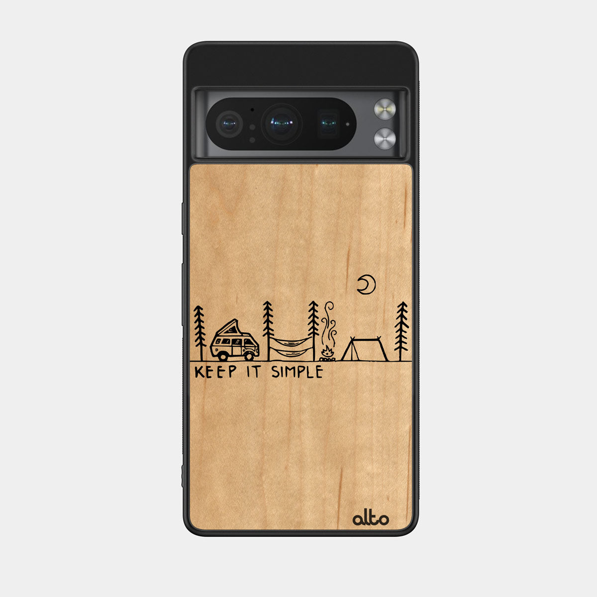 Maple wood with a Van Life Retro design engraved wood phone case for Google Pixel Smartphones by Alto Collective