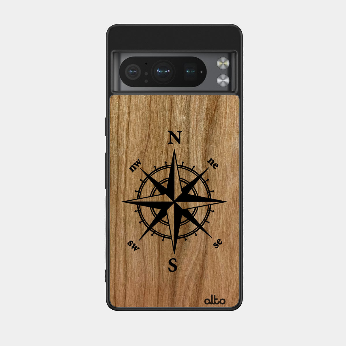 Cherry wood with a Compass design engraved wood phone case for Google Pixel Smartphones by Alto Collective