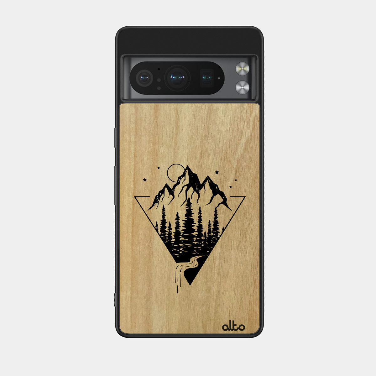 Anigre wood with a Mountain Streams design engraved wood phone case for Google Pixel Smartphones by Alto Collective
