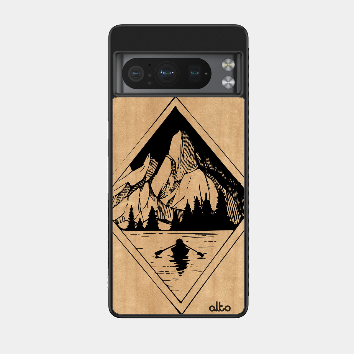 Maple wood with a Retreat kayak mountains design engraved wood phone case for Google Pixel Smartphones by Alto Collective
