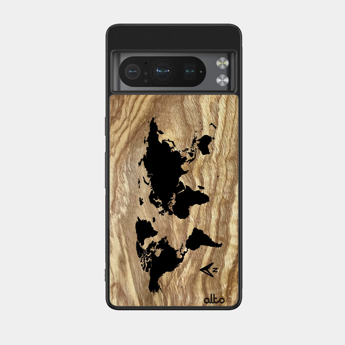 Olive wood with a World Map design engraved wood phone case for Google Pixel Smartphones by Alto Collective