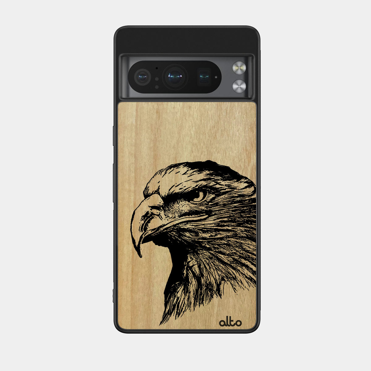 Anigre wood with Eagle design engraved wood phone case for iGoogle Pixel Smartphones by Alto Collective