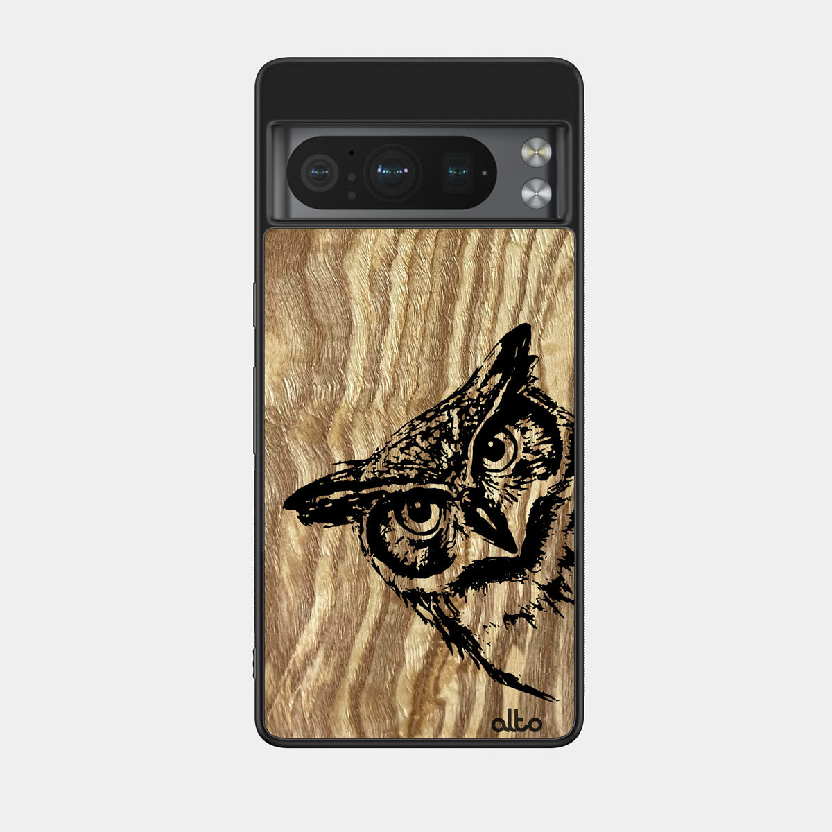 Olive wood with Owl design engraved wood phone case for Google Pixel Smartphones by Alto Collective