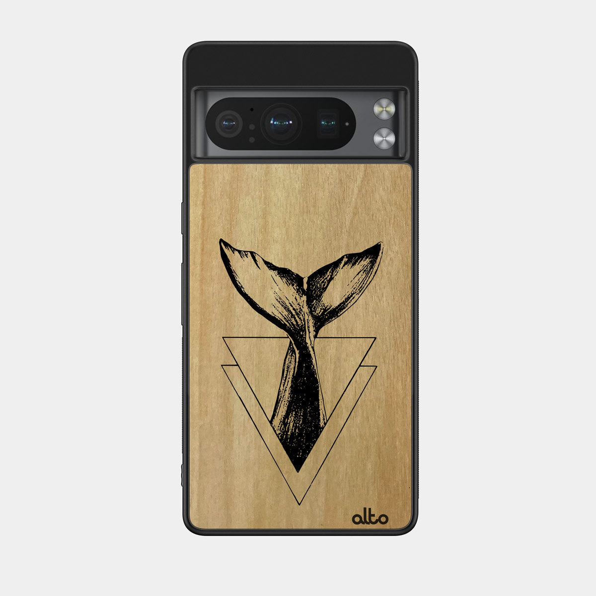 Anigre wood with a Whale Tail design engraved wood phone case for Google Pixel Smartphones by Alto Collective