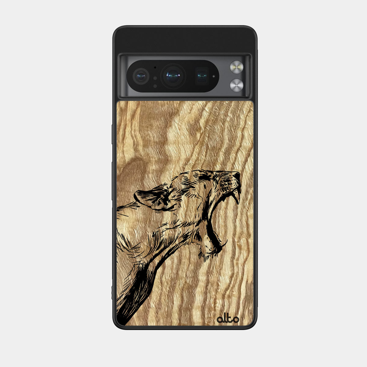 Olive wood with a Wildcat design engraved wood phone case for Google Pixel Smartphones by Alto Collective