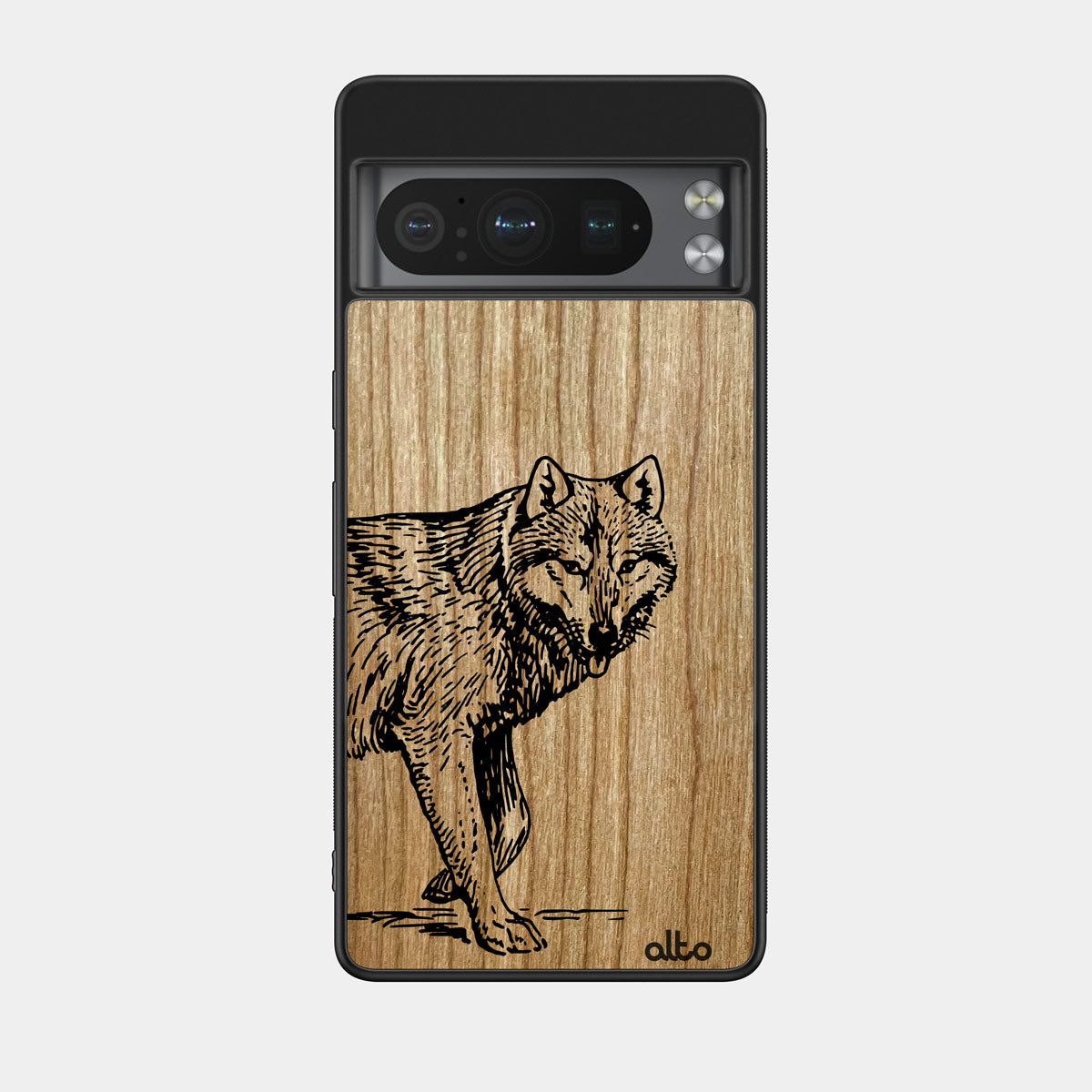 Cherry wood with Wolf design engraved wood phone case for Google Pixel Smartphones by Alto Collective