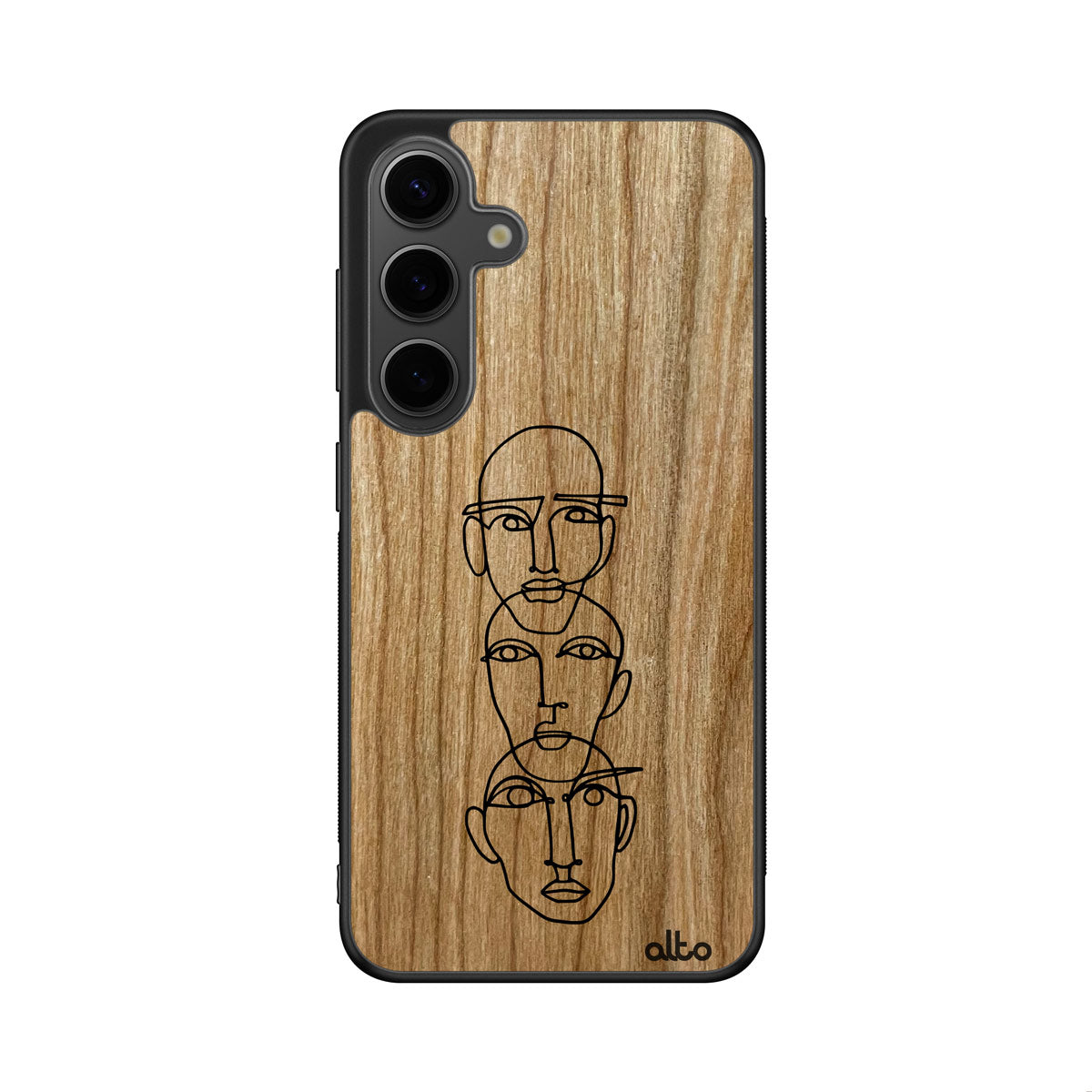 Cherry wood with a gallery line drawing three heads design engraved wood phone case for Samsung Galaxy Smartphones by Alto Collective 