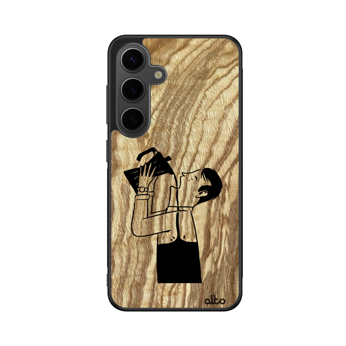 Olive wood with a man drinking coffee from the pot design engraved wood phone case for Samsung Galaxy Smartphones by Alto Collective