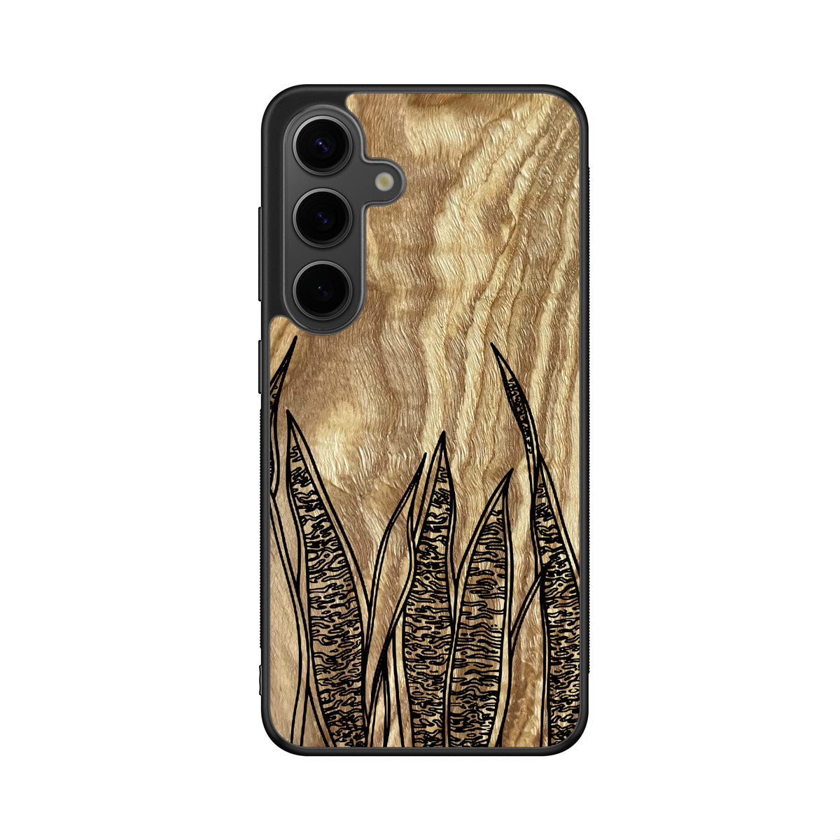 Olive wood with a Snake plant design engraved wood phone case for Samsung Galaxy Smartphones by Alto Collective