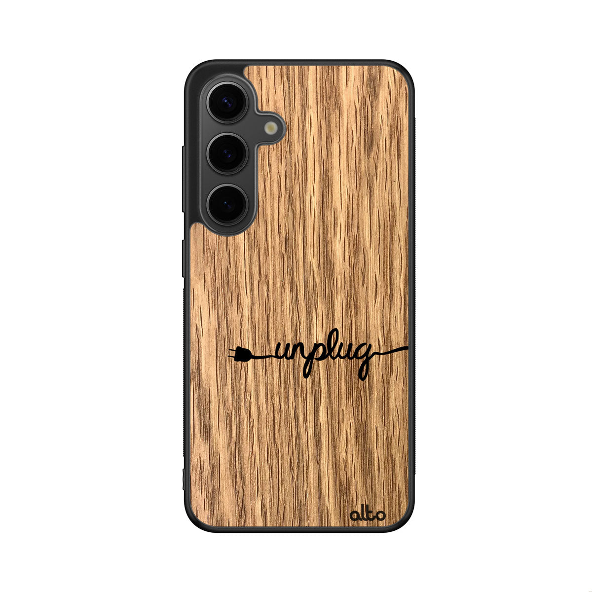 Oak wood with an "unplug" styled design engraved wood phone case for Samsung Galaxy Smartphones by Alto Collective
