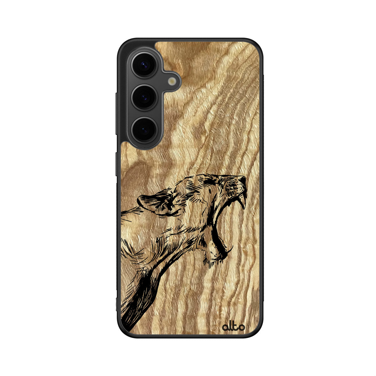 Olive wood with a Wildcat design engraved wood phone case for Samsung Galaxy Smartphones by Alto Collective