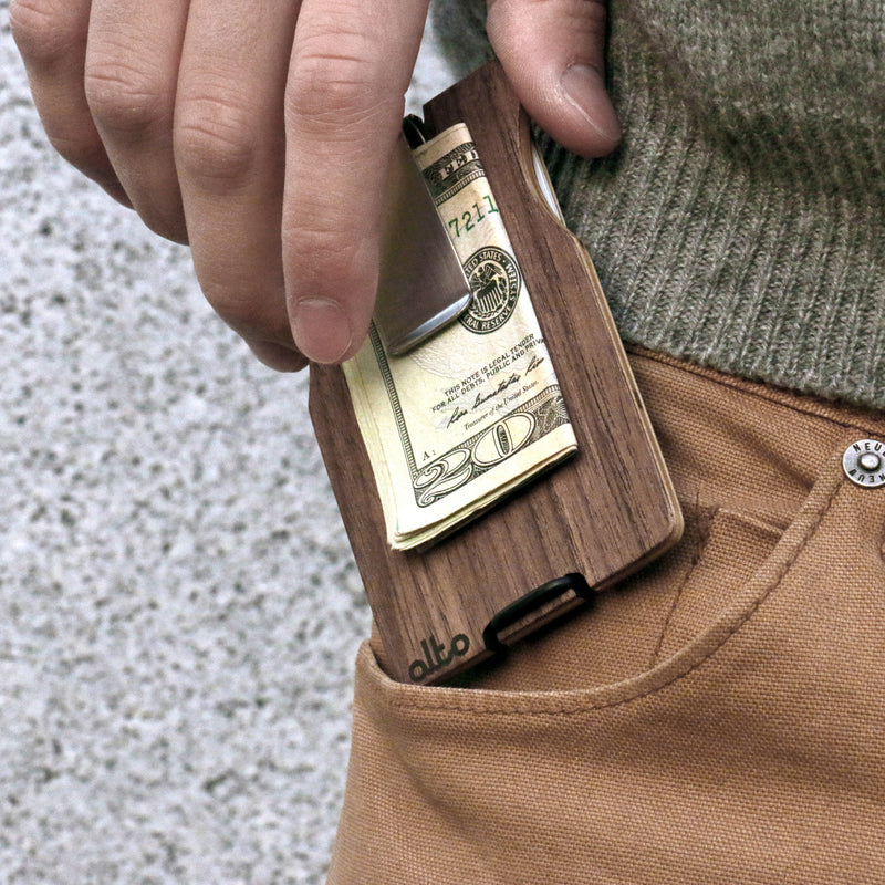 Wood Walnut wallet in Front Pocket