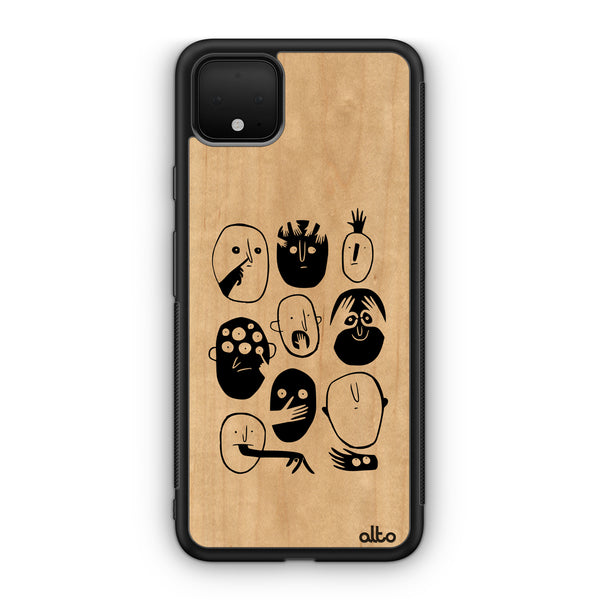Google Pixel 9 Pro XL, 8 Pro, 7 Pro Wooden Case - Faces Making Faces Design | Maple Wood |Lightweight, Hand Crafted, Carved Phone Case