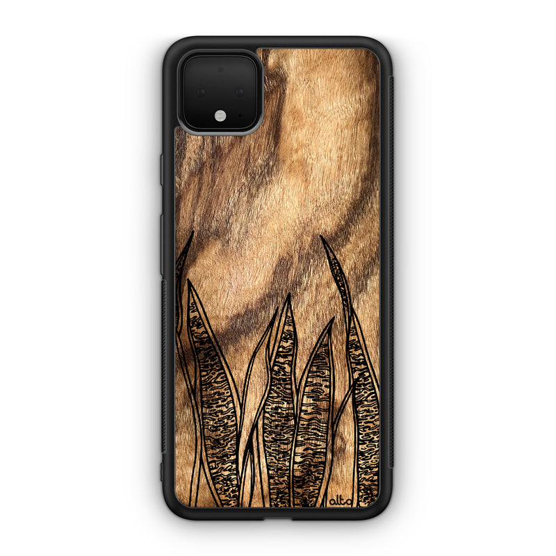 Google Pixel 6, 6Pro, 5A Wooden Case - Snakeplant Design | Olive Wood |Lightweight, Hand Crafted, Carved Phone Case