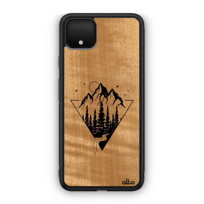 Google Pixel 9 Pro XL, 8 Pro, 7 Pro Wooden Case - Mountain Streams Design | Anigre Wood |Lightweight, Hand Crafted, Carved Phone Case