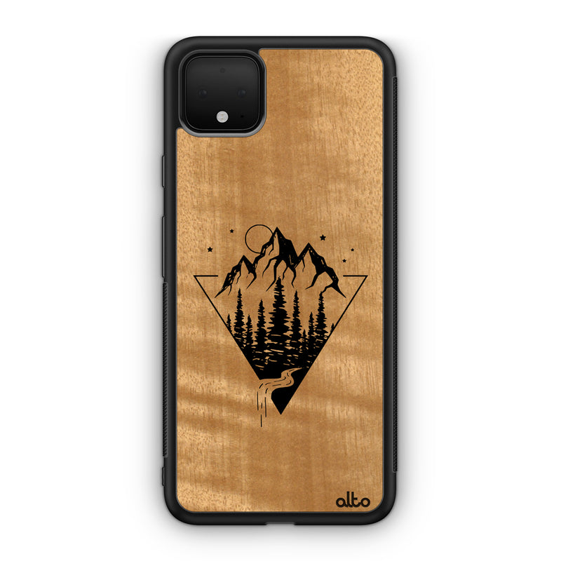 Google Pixel 6, 6Pro, 5A Wooden Case - Mountain Streams Design | Anigre Wood |Lightweight, Hand Crafted, Carved Phone Case