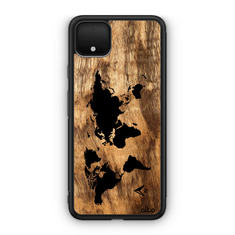Google Pixel 6, 6Pro, 5A Wooden Case - World Map Design | Olive Wood |Lightweight, Hand Crafted, Carved Phone Case