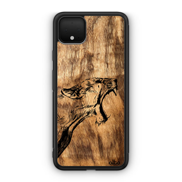 Google Pixel 10 Pro XL, 9 Pro, 8  Wooden Case - Wildcat Design | Olive Wood |Lightweight, Hand Crafted, Carved Phone Case