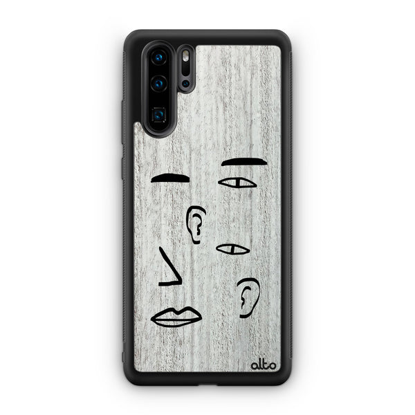 Huawei P40, P30 Pro, P30 Lite Wooden Case - Eyes And Ears Design | Whitewash Mahogany | Lightweight, Hand Crafted, Carved Phone Case