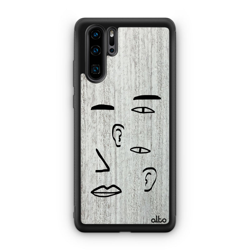 Huawei P40, P30 Pro, P30 Lite Wooden Case - Eyes And Ears Design | Whitewash Mahogany | Lightweight, Hand Crafted, Carved Phone Case