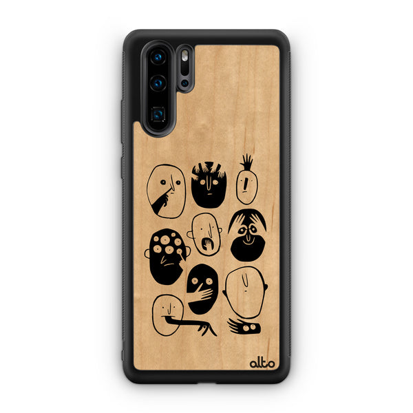 Huawei P40, P30 Pro, P30 Lite Wooden Case - Faces Making Faces Design | Maple Wood | Lightweight, Hand Crafted, Carved Phone Case