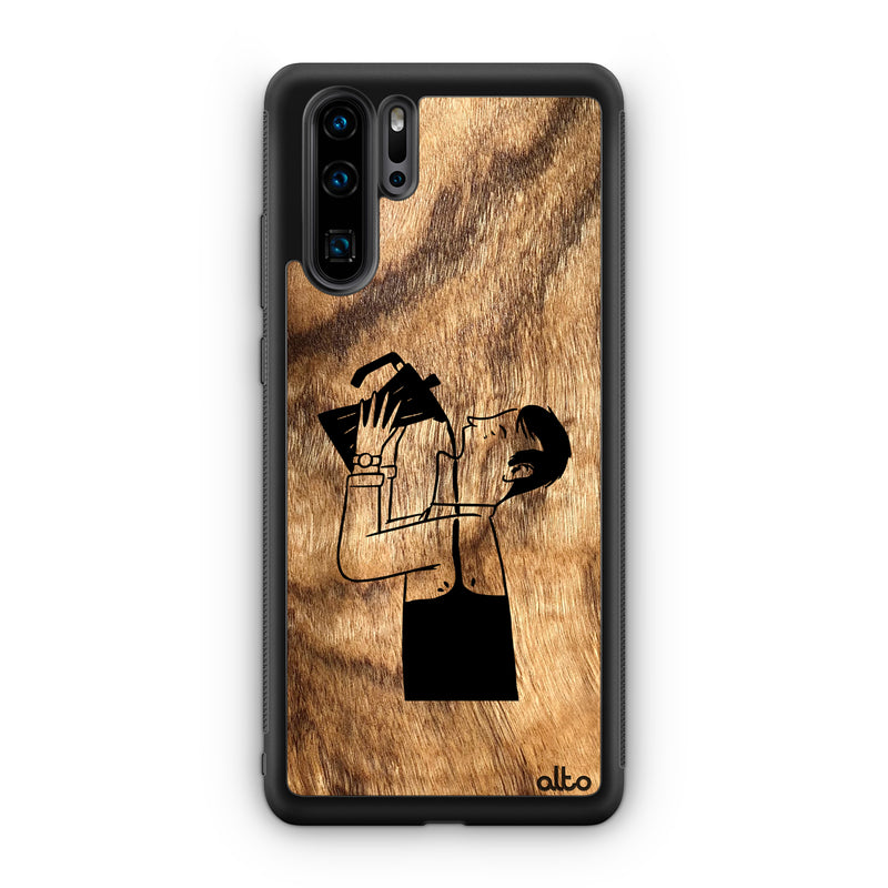 Huawei P40, P30 Pro, P30 Lite Wooden Case - Free Coffee Design | Olive Wood | Lightweight, Hand Crafted, Carved Phone Case