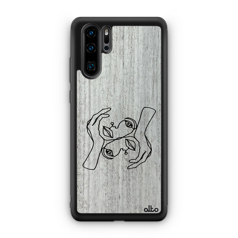 Huawei P40, P30 Pro, P30 Lite Wooden Case - Head In Hands Design | Whitewash Mahogany | Lightweight, Hand Crafted, Carved Phone Case