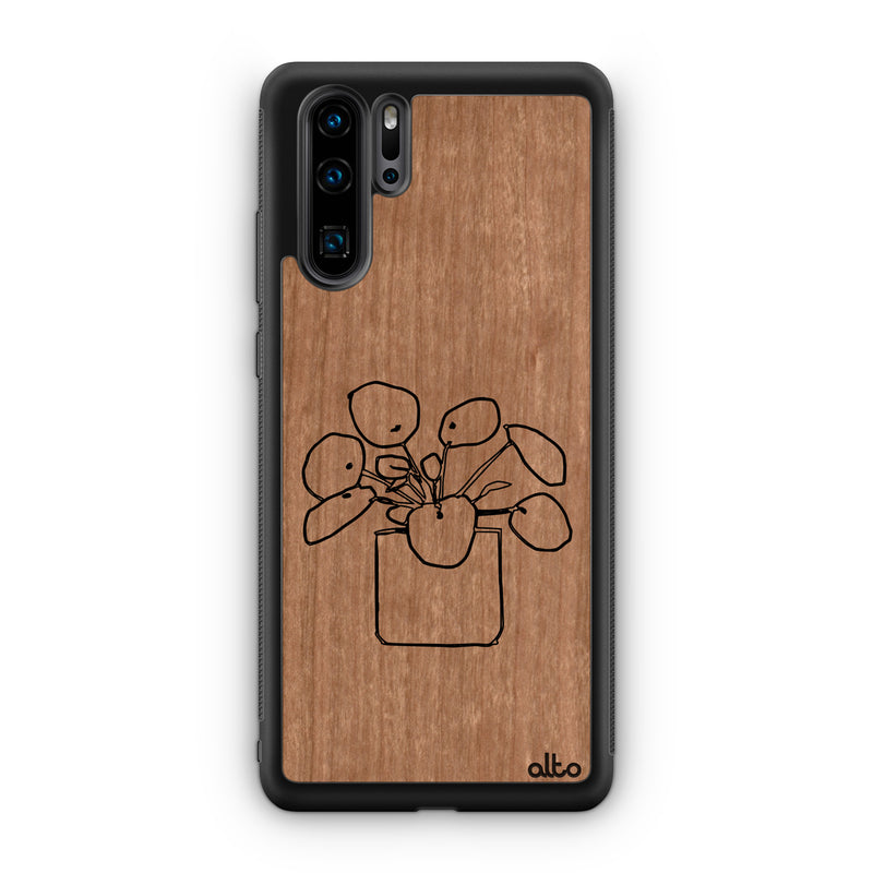 Huawei P40, P30 Pro, P30 Lite Wooden Case - Moneyplant Design | Cherry Wood | Lightweight, Hand Crafted, Carved Phone Case