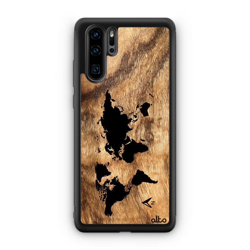 Huawei P40, P30 Pro, P30 Lite Wooden Case - World Map Design | Olive Wood | Lightweight, Hand Crafted, Carved Phone Case